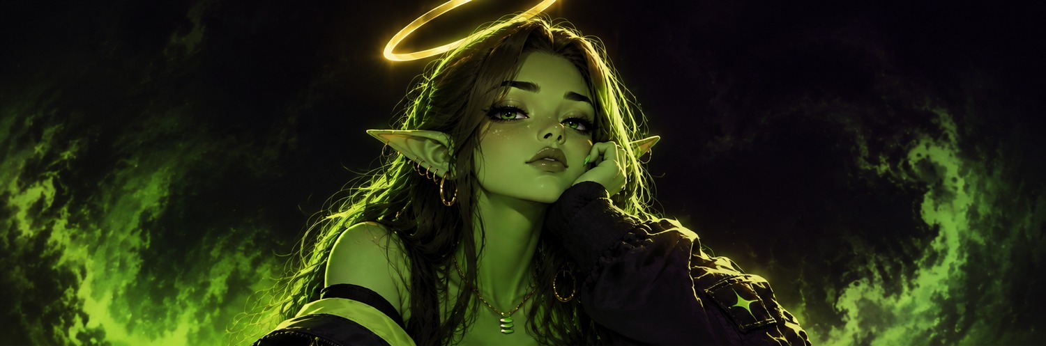 GreenBe, a neon-green elf with a glowing golden halo