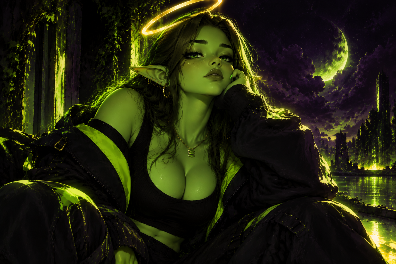 GreenBe in a neon-lit city beneath a glowing crescent moon