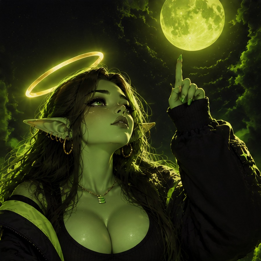 GreenBe pointing toward a luminous moon